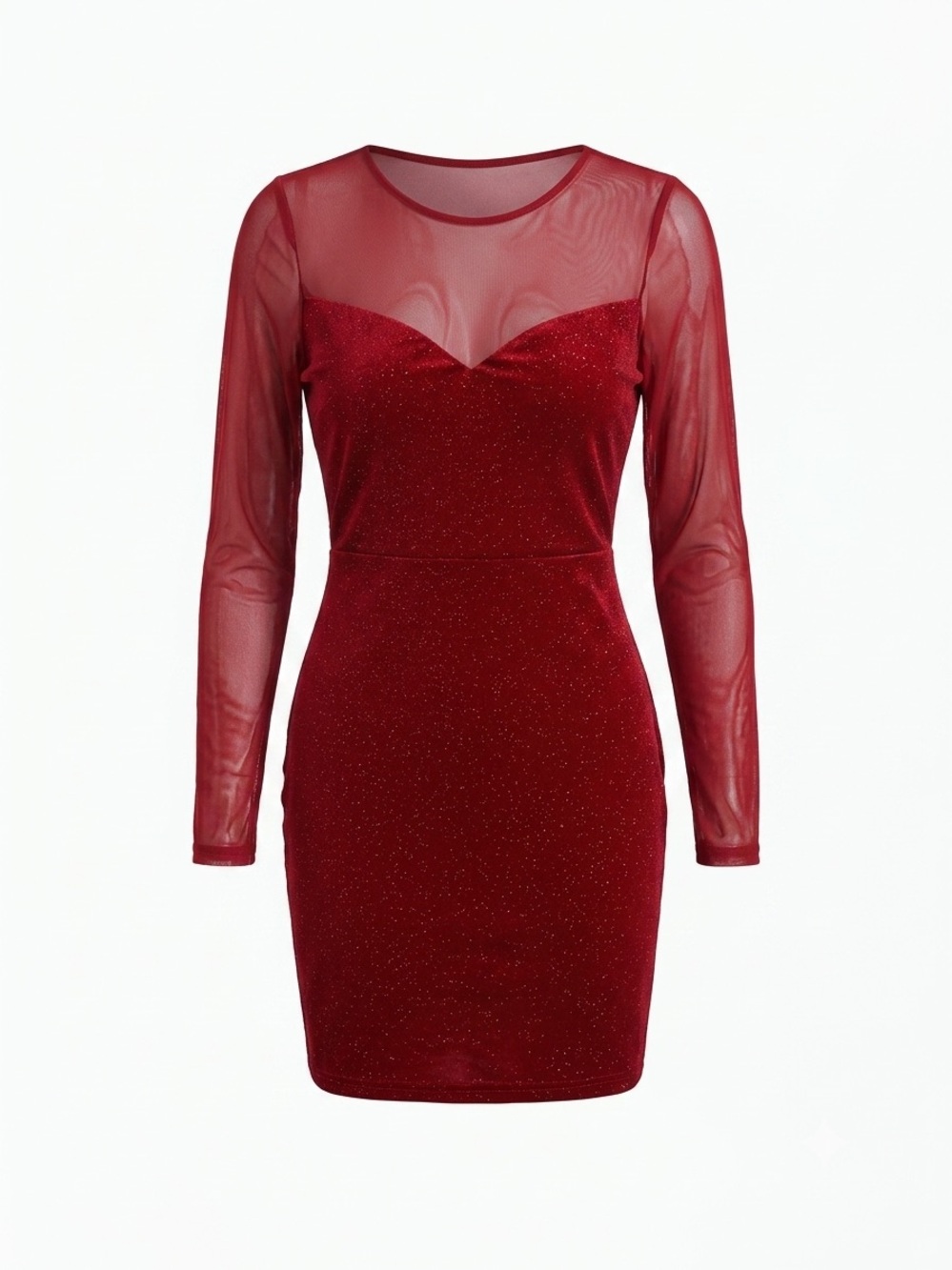Sparkle Mesh Yoke Long Sleeve Bodycon Dress - Red